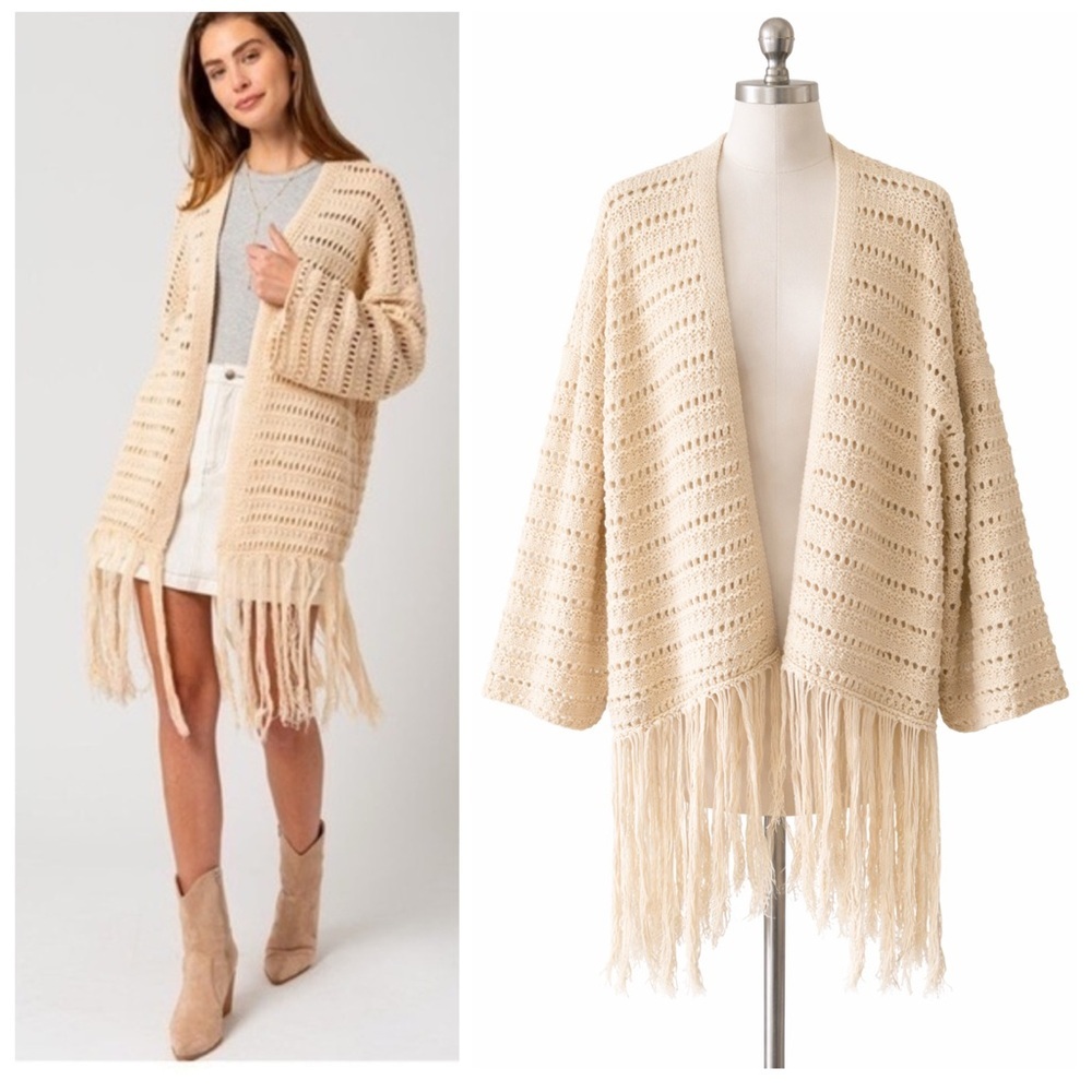 Crochet Knit Fringe Cardigan Boho Dreams by Gilli Natural Beige Size Medium - Picture 4 of 14